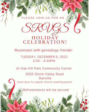 Holiday Gathering  Tuesday, December 6, 2022, 2:30 p.m. - 4:30 p.m. Oak Hill Park Community Center 3005 Stone Valley Road Danville, CA 94526